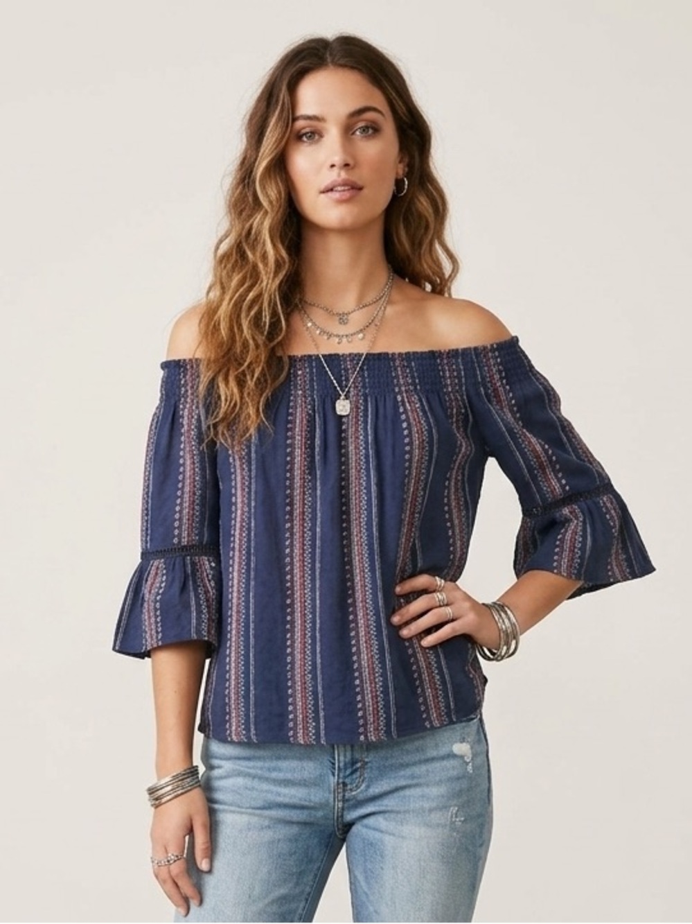 Anthropologie Braeve Off Shoulder Top Relaxed Fit Striped Boho Blue Size S